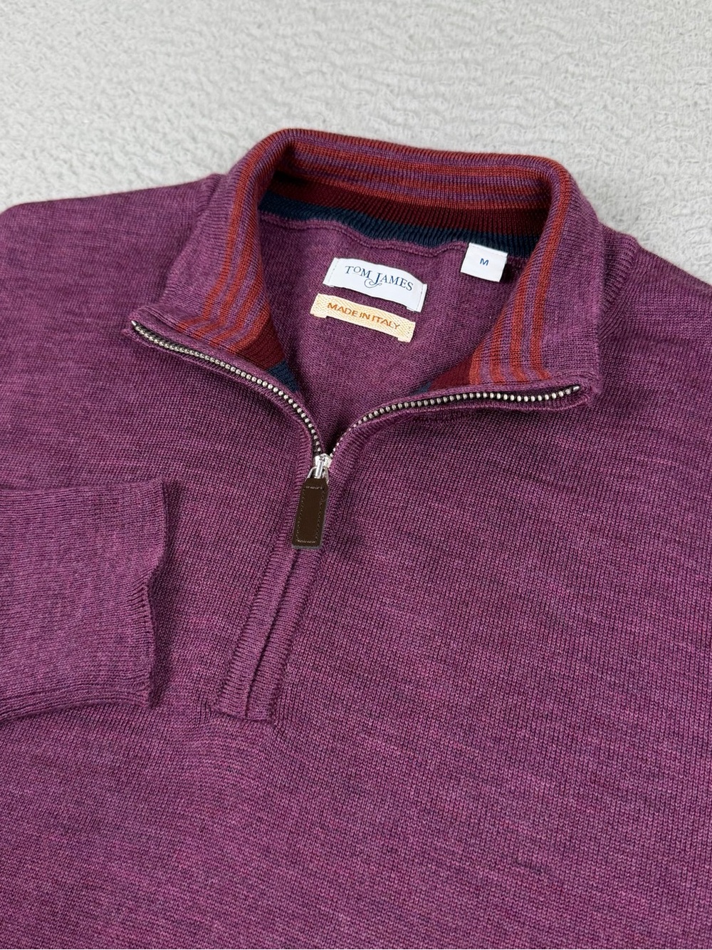 Tom James Sweater Men Medium Purple Merino Wool 1/4 Zip Mock Neck Pullover Italy